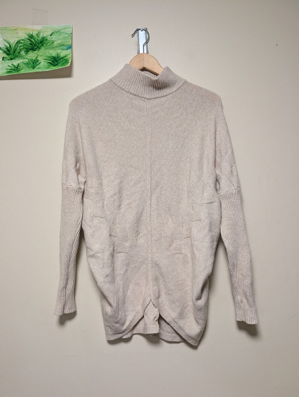 Frank Lyman Small Beige Mock Neck Tunic Sweater Dolman Textured Knit